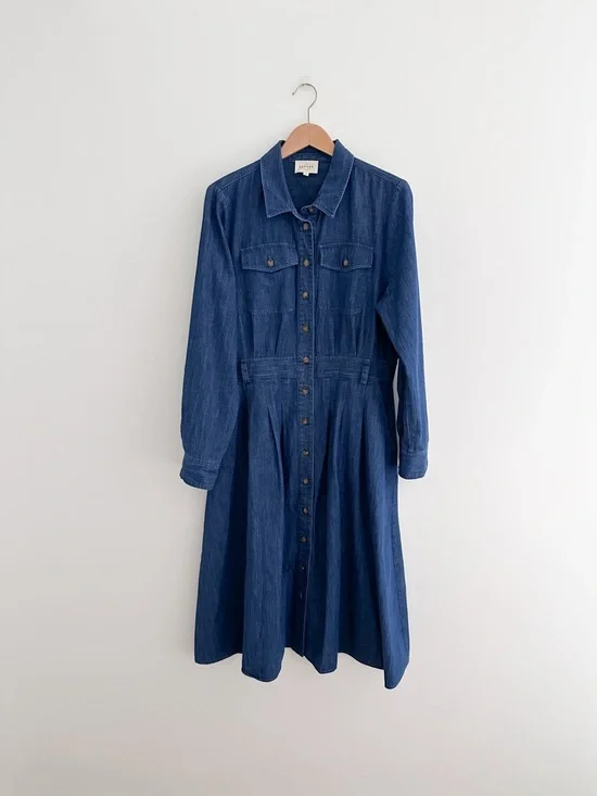 Sezane Gwen Denim Dress Organic Cotton Button Front Midi French Girl Classic 12 - Picture 10 of 11